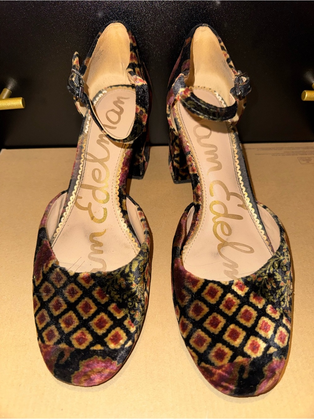 Sam Edelman Multicolor Velvet Pattern Block Heel Mary Jane - Black, Gold, Pink